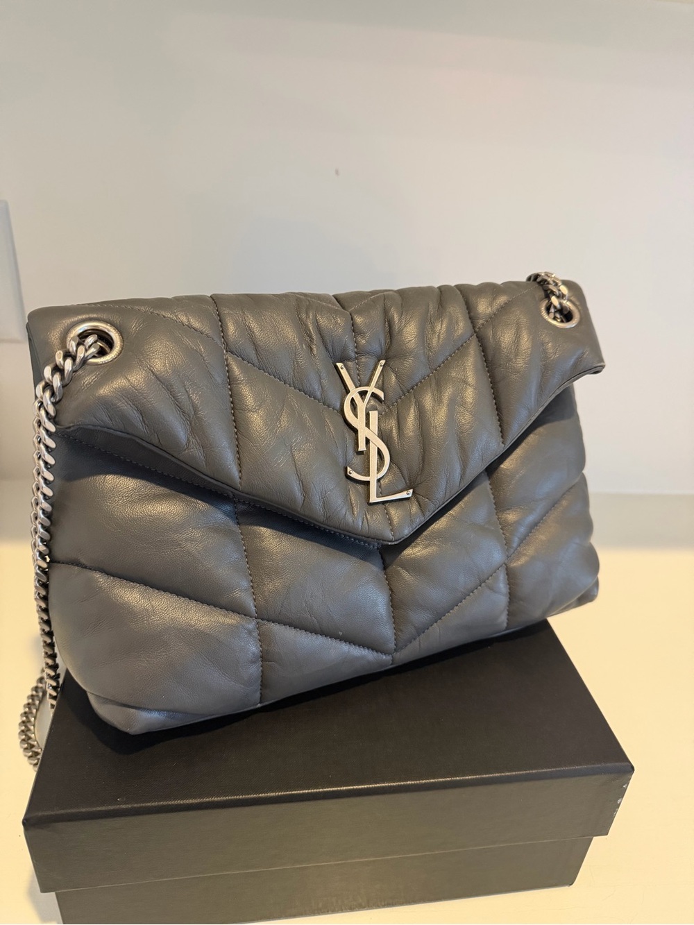 YSL Quilted Gray Leather Medium Puffer with Chain Strap